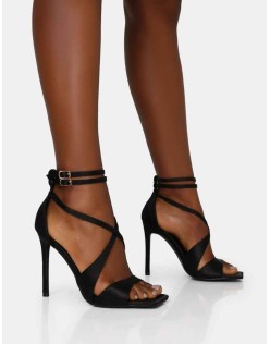 Moana Black Satin Cross Over Strap Square Toe Stiletto Heels