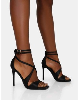 Moana Black Satin Cross Over Strap Square Toe Stiletto Heels