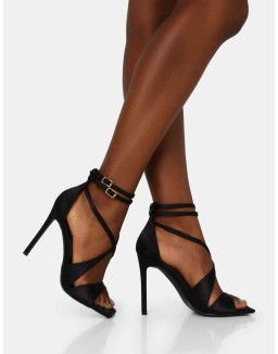 Moana Black Satin Cross Over Strap Square Toe Stiletto Heels