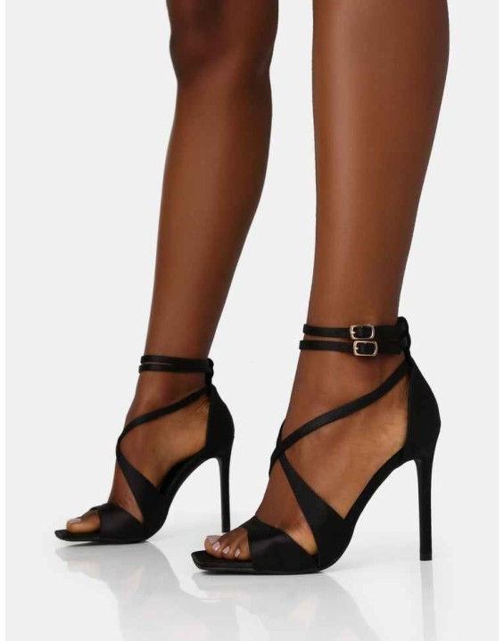 Moana Black Satin Cross Over Strap Square Toe Stiletto Heels