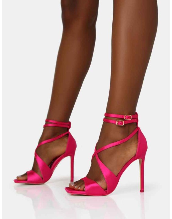 Moana Hot Pink Satin Cross Over Strap Square Toe Stiletto Heels