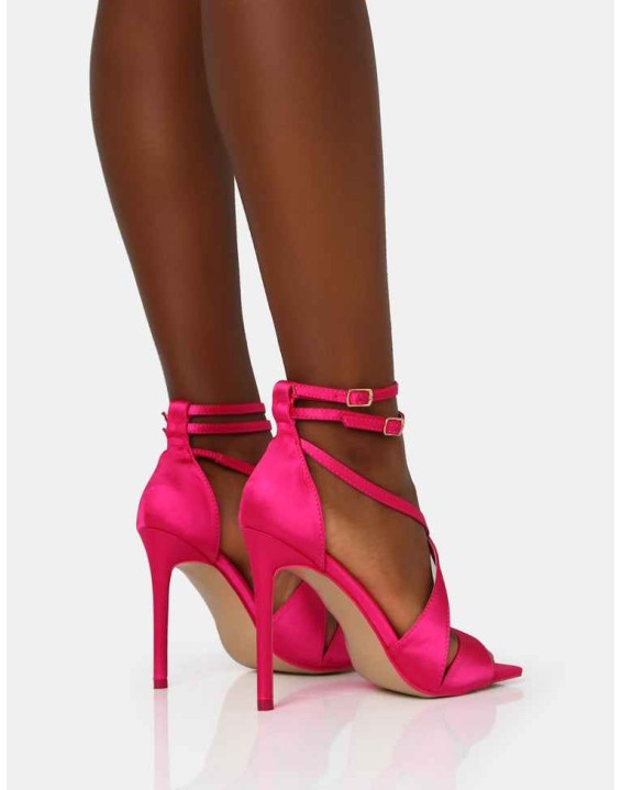 Moana Hot Pink Satin Cross Over Strap Square Toe Stiletto Heels