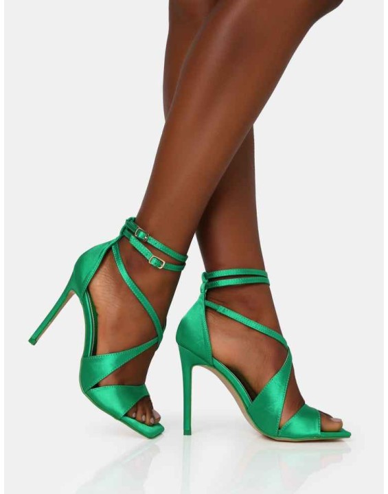 Moana Green Satin Cross Over Strap Square Toe Stiletto Heels