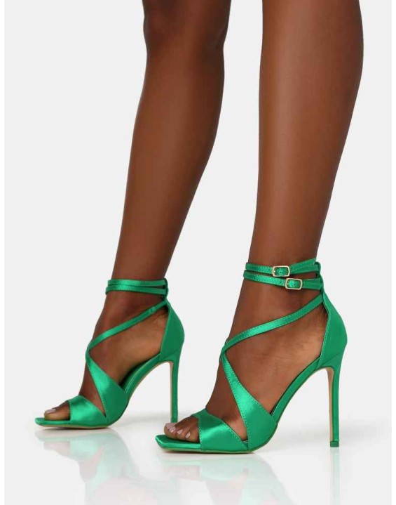 Moana Green Satin Cross Over Strap Square Toe Stiletto Heels