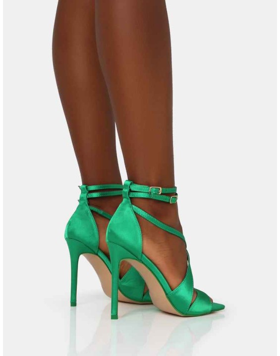 Moana Green Satin Cross Over Strap Square Toe Stiletto Heels
