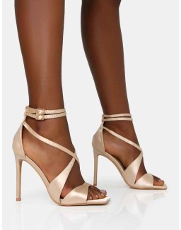 Moana Champagne Satin Cross Over Strap Square Toe Stiletto Heels