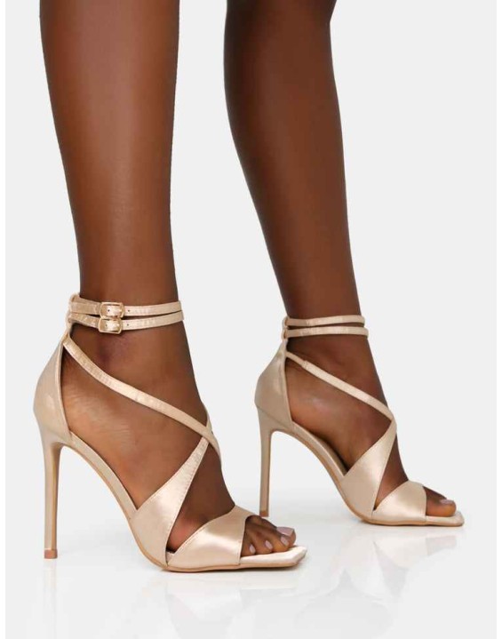 Moana Champagne Satin Cross Over Strap Square Toe Stiletto Heels