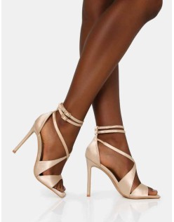 Moana Champagne Satin Cross Over Strap Square Toe Stiletto Heels