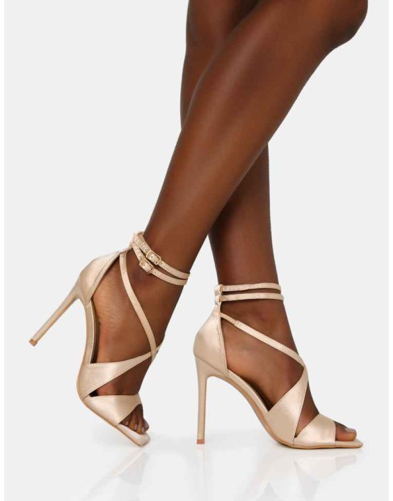 Moana Champagne Satin Cross Over Strap Square Toe Stiletto Heels