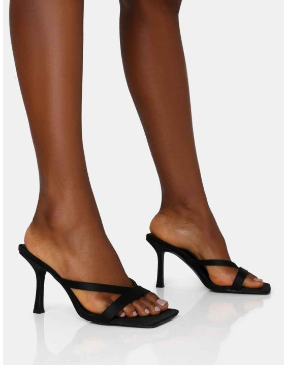 Arwen Black Satin Toe Post Mule Mid Stiletto Heels