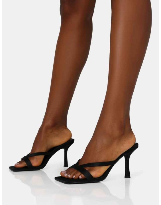 Arwen Black Satin Toe Post Mule Mid Stiletto Heels