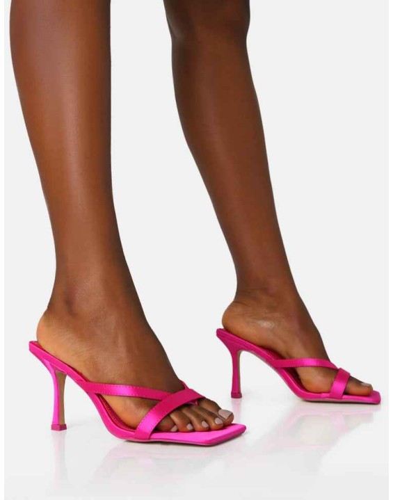 Arwen Hot Pink Satin Toe Post Mule Mid Stiletto Heels
