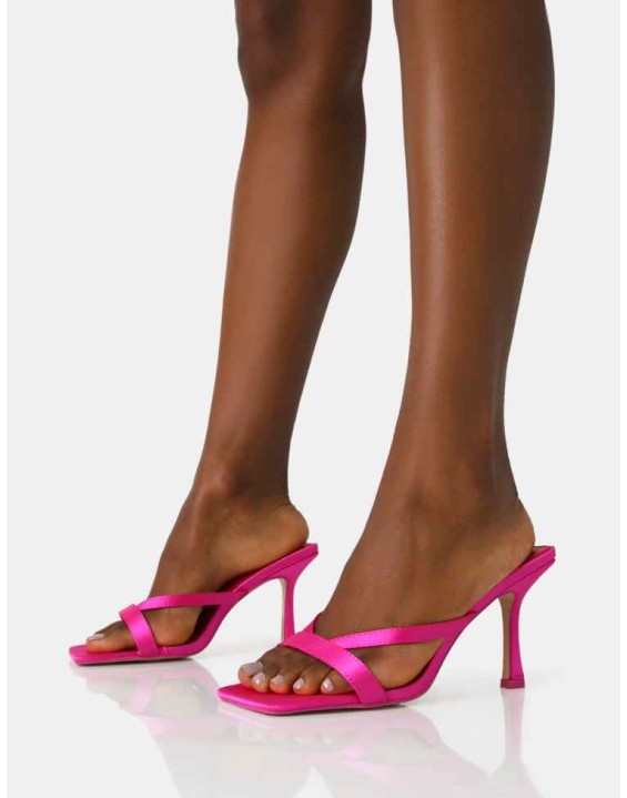 Arwen Hot Pink Satin Toe Post Mule Mid Stiletto Heels