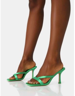 Arwen Green Satin Toe Post Mule Mid Stiletto Heels
