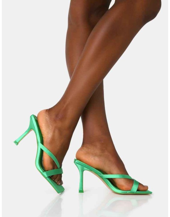 Arwen Green Satin Toe Post Mule Mid Stiletto Heels