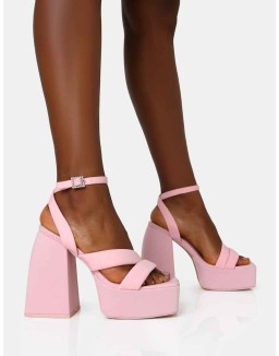 Money Honey Baby Pink Nylon Padded Square Toe Chunky Platform Block Heels