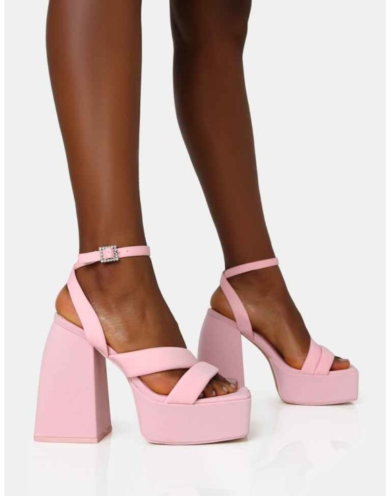 Money Honey Baby Pink Nylon Padded Square Toe Chunky Platform Block Heels