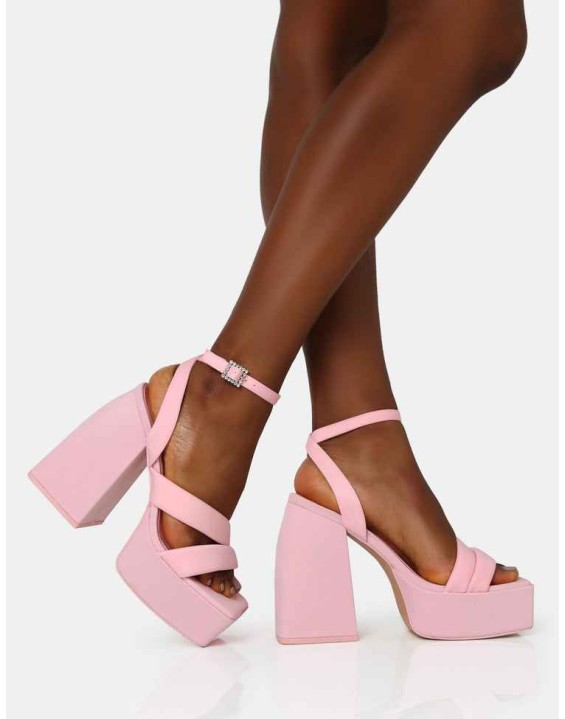 Money Honey Baby Pink Nylon Padded Square Toe Chunky Platform Block Heels