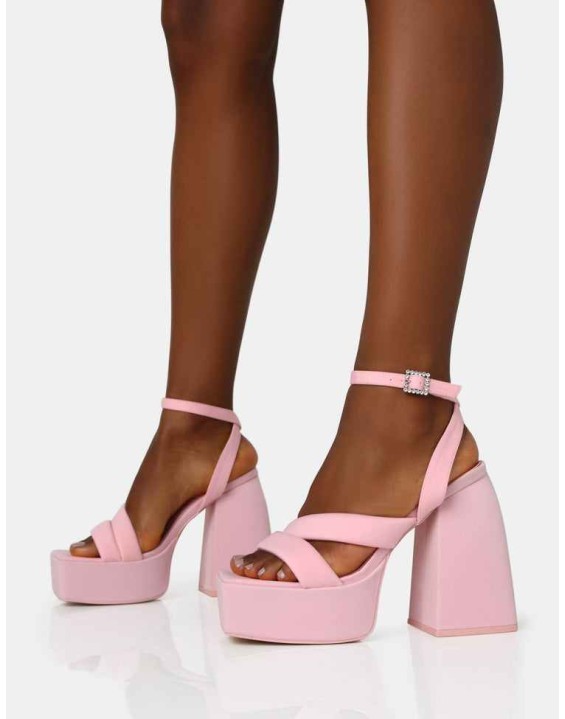 Money Honey Baby Pink Nylon Padded Square Toe Chunky Platform Block Heels