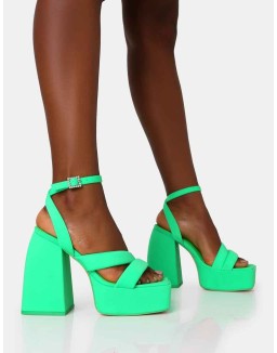 Money Honey Neon Green Nylon Padded Square Toe Chunky Platform Block Heels