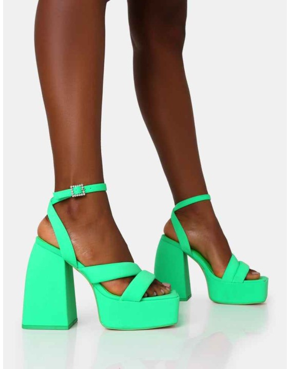 Money Honey Neon Green Nylon Padded Square Toe Chunky Platform Block Heels