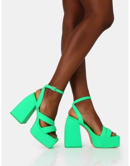 Money Honey Neon Green Nylon Padded Square Toe Chunky Platform Block Heels