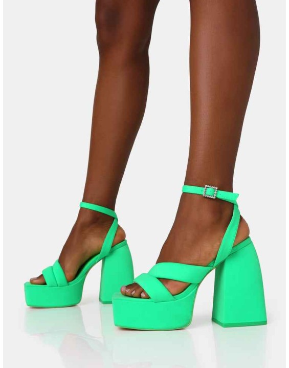 Money Honey Neon Green Nylon Padded Square Toe Chunky Platform Block Heels
