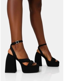 Money Honey Black Nylon Padded Square Toe Chunky Platform Block Heels