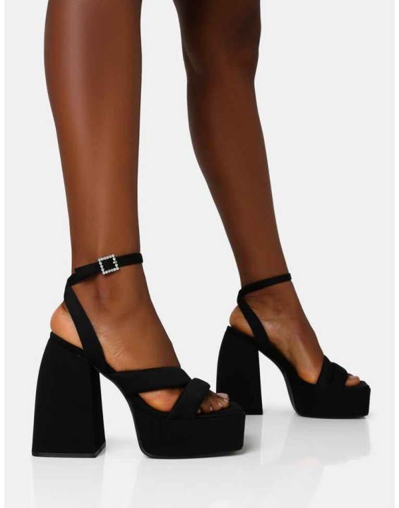 Money Honey Black Nylon Padded Square Toe Chunky Platform Block Heels