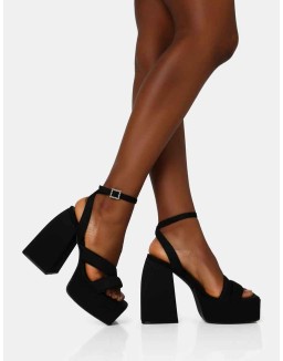 Money Honey Black Nylon Padded Square Toe Chunky Platform Block Heels