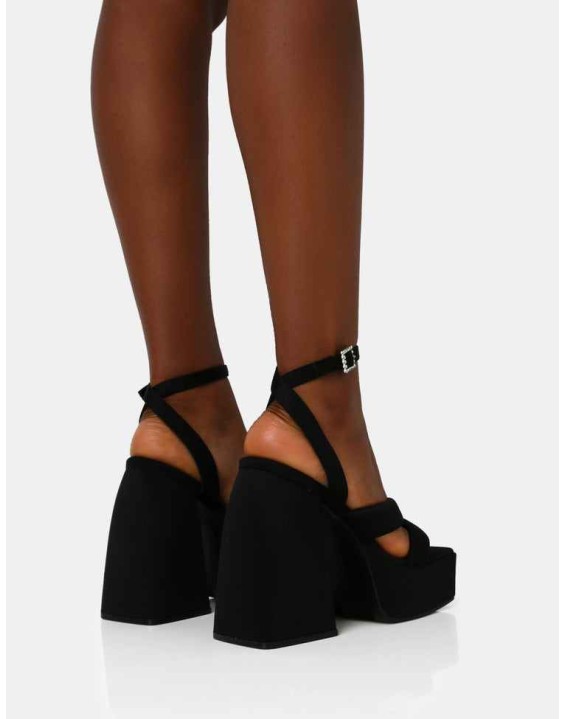 Money Honey Black Nylon Padded Square Toe Chunky Platform Block Heels