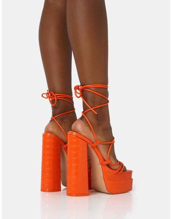 Glow Girl Orange Croc Lace Up Platform Heels