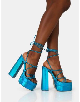 Glow Girl Blue Holographic Lace Up Platform Heels