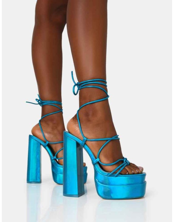 Glow Girl Blue Holographic Lace Up Platform Heels
