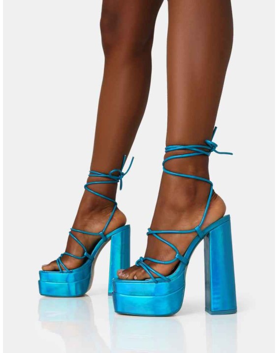 Glow Girl Blue Holographic Lace Up Platform Heels
