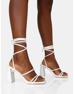Natty White Pu Lace Up Square Toe Mid Block Heels