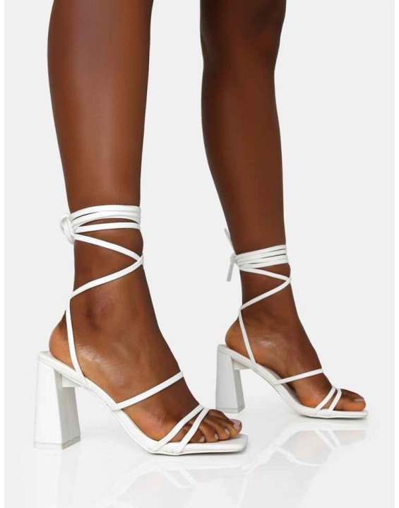 Natty White Pu Lace Up Square Toe Mid Block Heels
