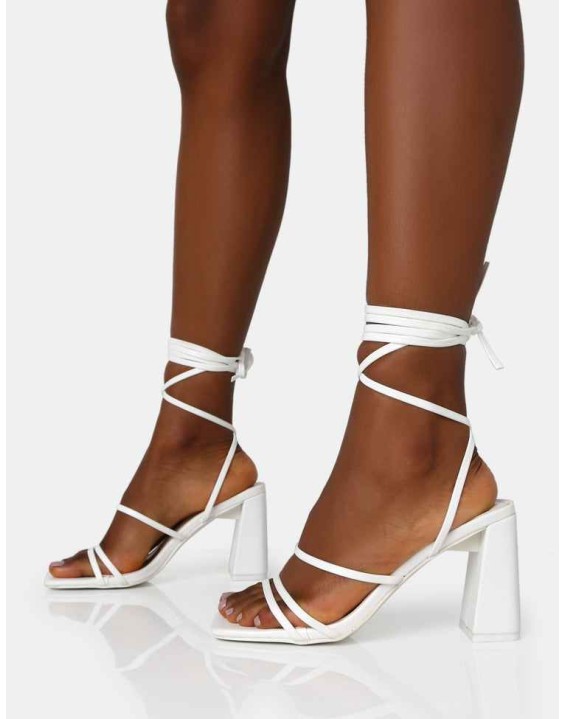 Natty White Pu Lace Up Square Toe Mid Block Heels