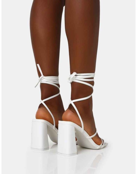 Natty White Pu Lace Up Square Toe Mid Block Heels