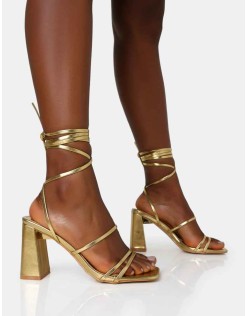 Natty Gold Pu Lace Up Square Toe Mid Block Heels
