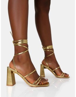 Natty Gold Pu Lace Up Square Toe Mid Block Heels