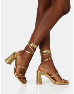 Natty Gold Pu Lace Up Square Toe Mid Block Heels