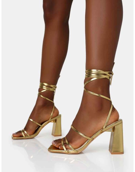 Natty Gold Pu Lace Up Square Toe Mid Block Heels
