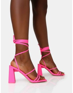 Natty Neon Pink Pu Lace Up Square Toe Mid Block Heels