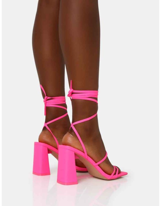 Natty Neon Pink Pu Lace Up Square Toe Mid Block Heels
