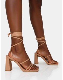 Natty Wide Fit Nude Pu Lace Up Square Toe Mid Block Heels
