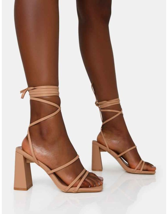 Natty Wide Fit Nude Pu Lace Up Square Toe Mid Block Heels