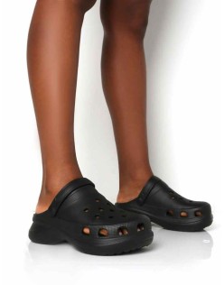 Frenzy Black Rubberised Sling Back Closed Toe Clog Sandals