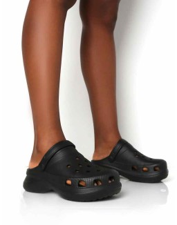 Frenzy Black Rubberised Sling Back Closed Toe Clog Sandals