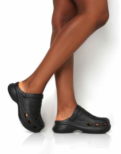 Frenzy Black Rubberised Sling Back Closed Toe Clog Sandals